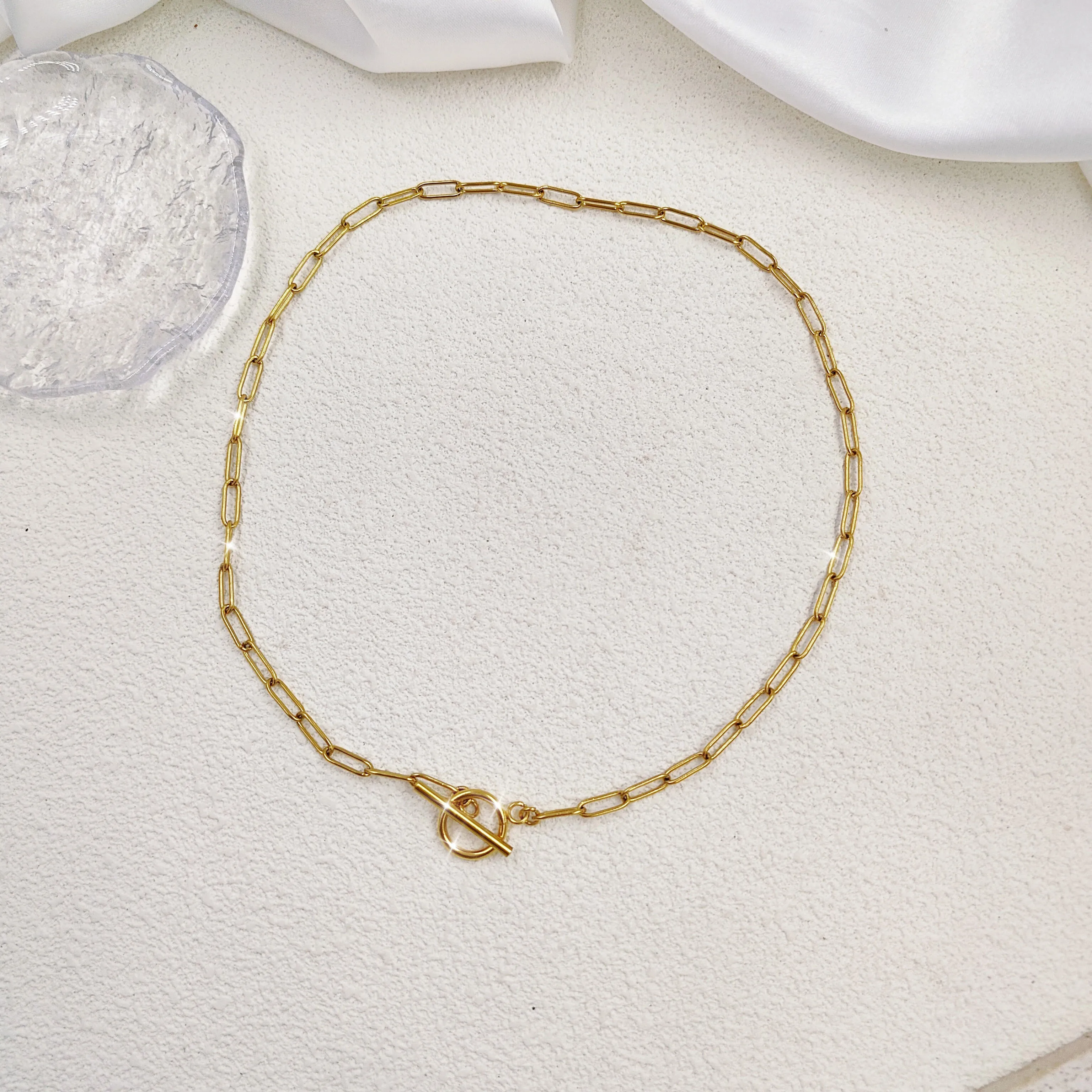 

18K PVD Gold Stainless Steel Paper Clip Chains OT Clasp Necklace Charms jewelry