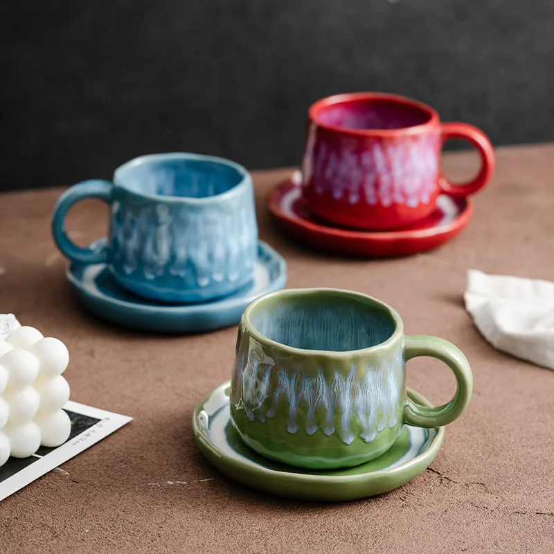 250ml Coffee Ceramic Cup Plate Retro Afternoon Tea Kiln Transmutation Style Creative Pattern Embossed Flower Cup Saucer Sets