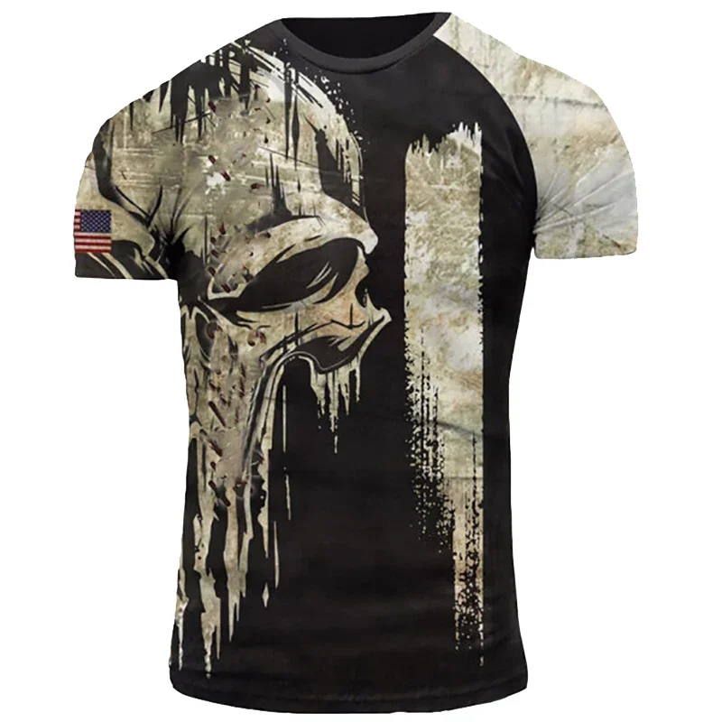 USA Army US Veteran T Shirt for Men Clothing Combat Military Camouflage T-Shirt 3D Skull Printed Short Sleeve Olive Beige Tshirt