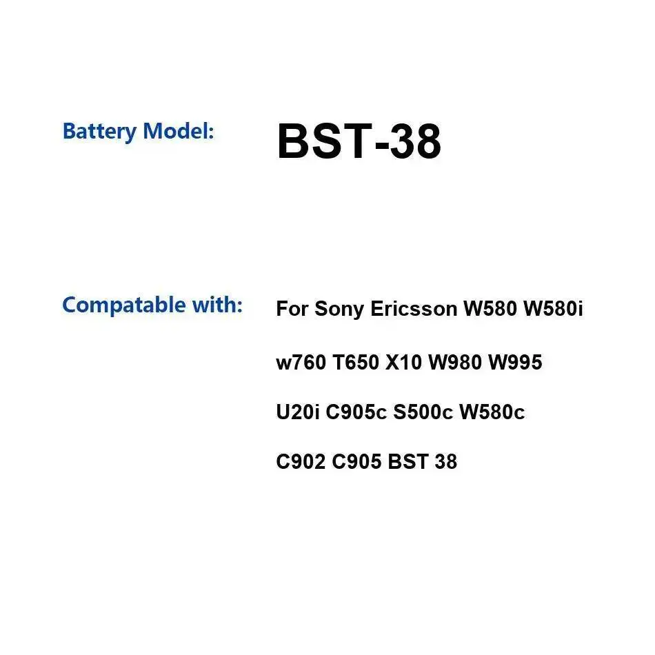 

Аккумулятор мобильного телефона Bst-38 930 мАч для Sony Ericsson W580 W580i W760 T650 X10 W980 W995 U20i C905c S500c W580c C902 C905