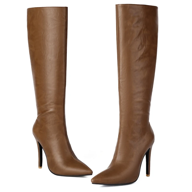 Women\'s Knee High Boots Sexy Point toe Winter Shoes Black Brown Heeled Long Boot Ladies Party Footwear Shoes Large Size 45 48