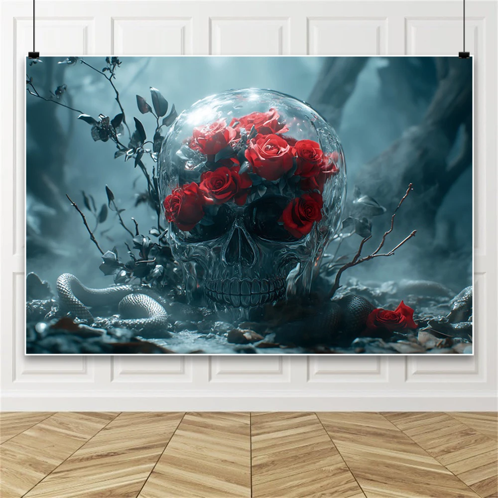 Halloween Skulls Roses Photography Background Dark Forest Snake Flowers Plants Room Decoration Banner Photo Shoot Backdrop Props