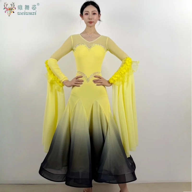 Adult Modern Dance Long Sleeves Gradual Change Professional Dresses Waltz Foxtrot Art Examination Ballroom Dancing Clothing