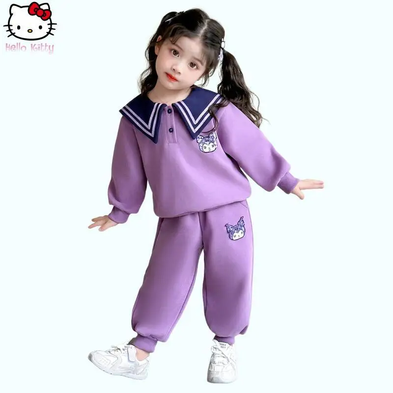 

Kuromi Girls мультфильм темно-синий костюм с длинными рукавами Kawaii весна осень новая футболка для девочек в стиле аниме спортивные штаны Sanrio модные спортивные штаны