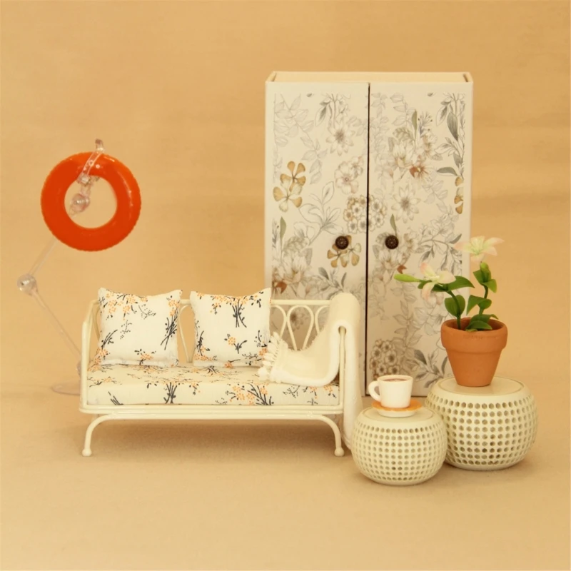 ミニチュア鉄ソファリビングルーム家具セットテーブルラグ付き 1/12 ドールハウス装飾子供ごっこ遊びゲーム 15UB