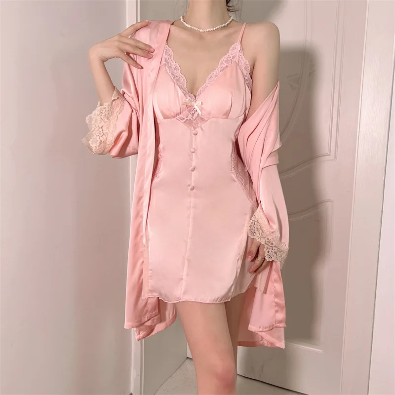 Summer Lace Kimono Bathrobe Gown Set Sexy Twinset Robe Set Nightgown Lingerie Women Silky Satin Sleepwear Nightwear Loungewear