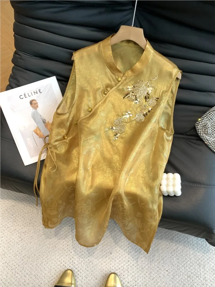 New Chinese-style heavy-duty embroidery European-style gauze vest women's wear thin silk top