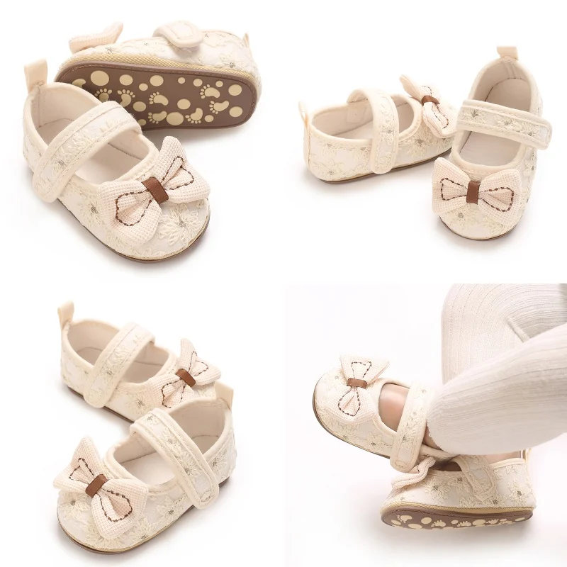 Apricot Cute 0-18M Baby Shoes Princess Shoes Children's Shoes Bow Decoration Rubber Sole Anti slip Shoes Walking Shoes