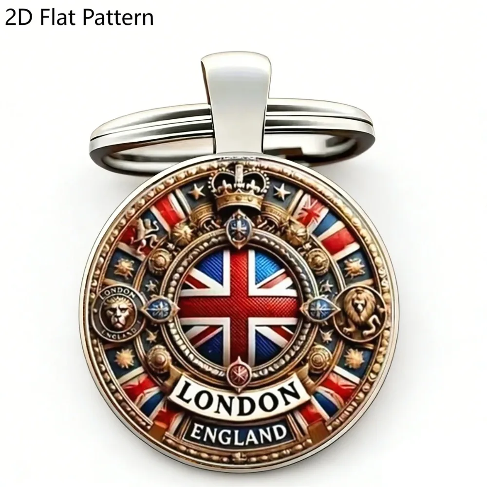 6/12/20Sets Vintage London Round Glass Pendant Keychain Union Jack Crown Star British Souvenir Gift for Traveler