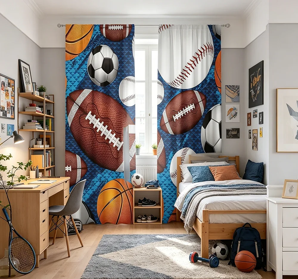 2PCS Digital Printed Curtains, Sports Ball Mixed Pattern, Sporty Athletic Style for Living Room Bedroom Boys Room Home Decor