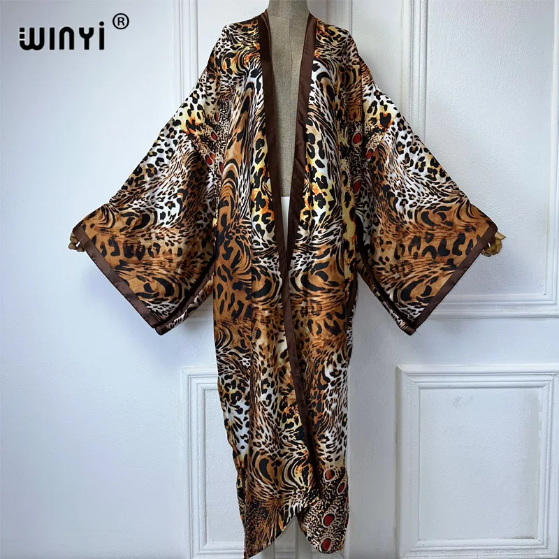 WINYI Leopard print Kimonos african dress for woman poncho cardigan beach outfits kaftan beach cover up evening dress loose coat