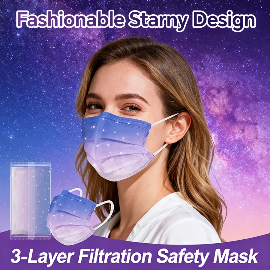 قناع وجه أنيق يمكن التخلص منه للبالغين حالمة مرصعة بالنجوم مزرق البنفسجي قناع الموضة تنفس 3-Layer غير المنسوجة عطلة #4