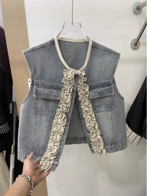 

Plus Size Faionable Trendy Denim Vest Women's Clothing ort Outerwear Spring Season Korean Sle Slim Fit Ear Musoom round Ne