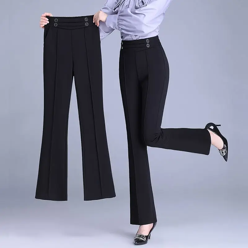 Spring Autumn Elegant Buttons Solid Color Elastic Waist Flare Ladies Fashion Slim High Waist Temperament Pants Women Clothes