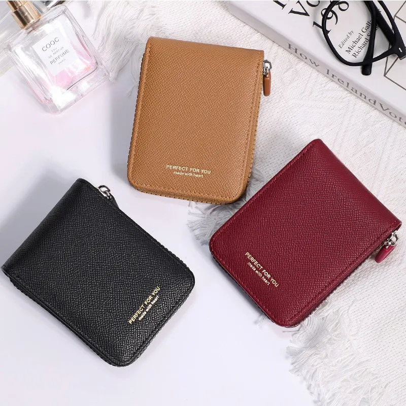 Carteira de couro com zíper couro pu pequena bolsa de moedas carteira feminina compacta multi slot titular do cartão para viagens estudantes presente