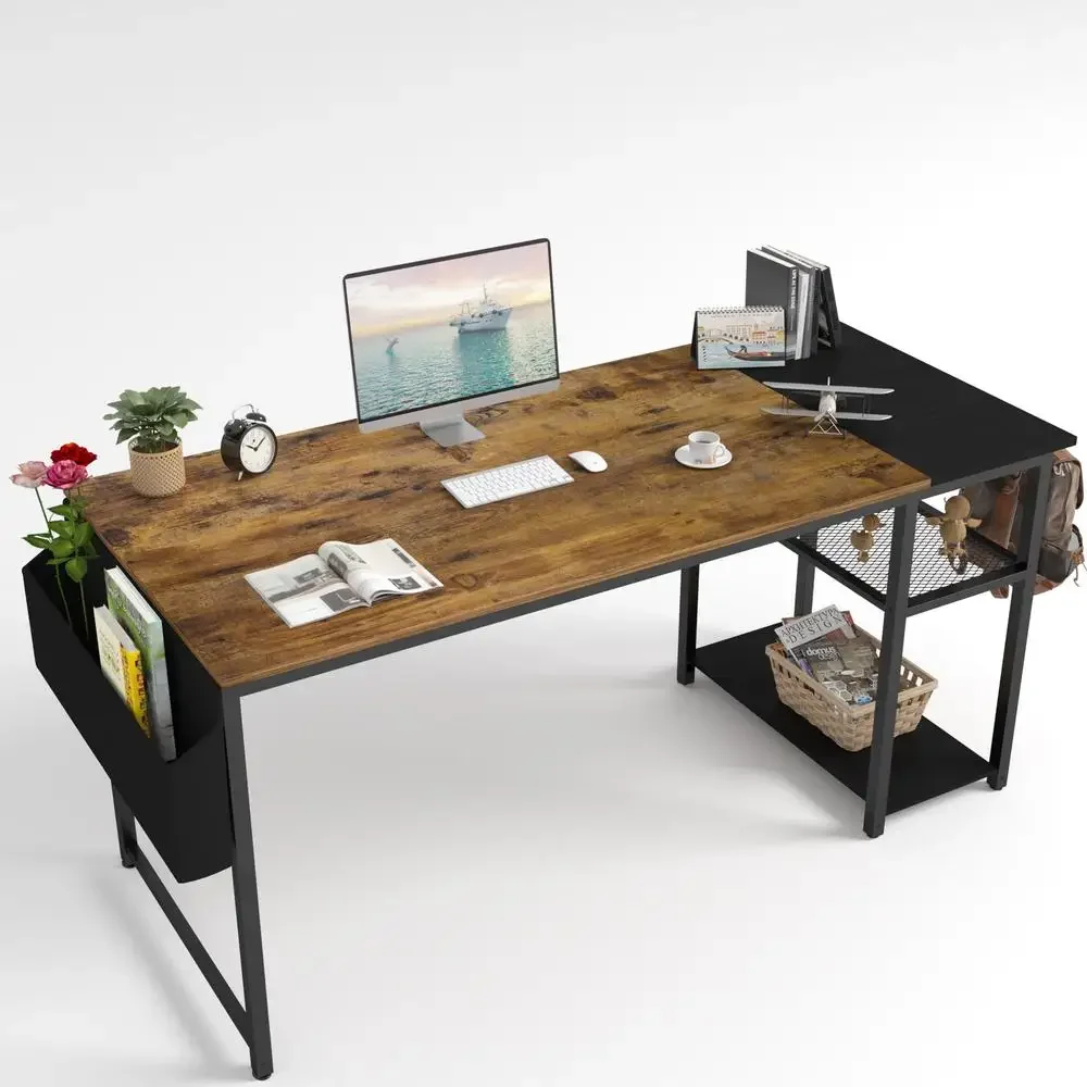 47-inch Modern Office Computer Desk with Headphone Hook Double Storage Shelves and Side Storage Bag