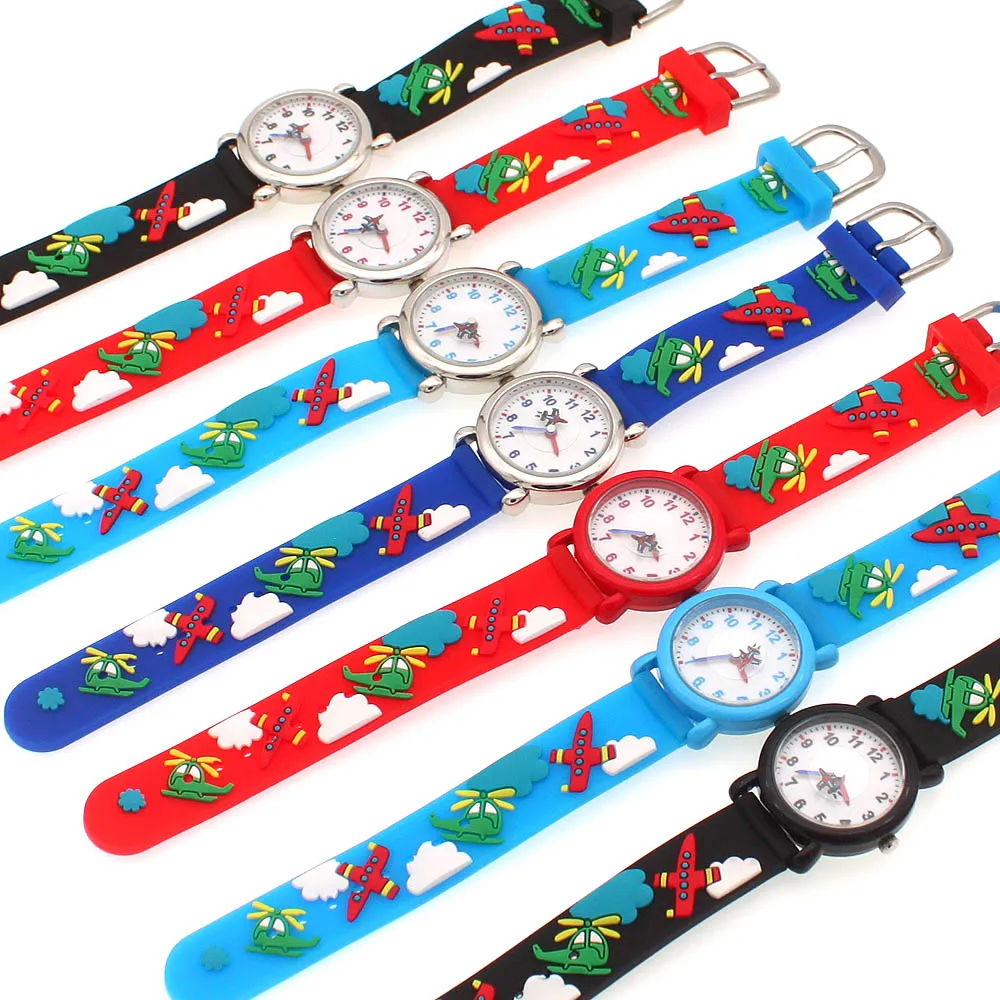 Relojes de cuarzo de dibujos animados para niños y niñas, pulsera deportiva con correa en 3D, regalos de cumpleaños, manos de avión