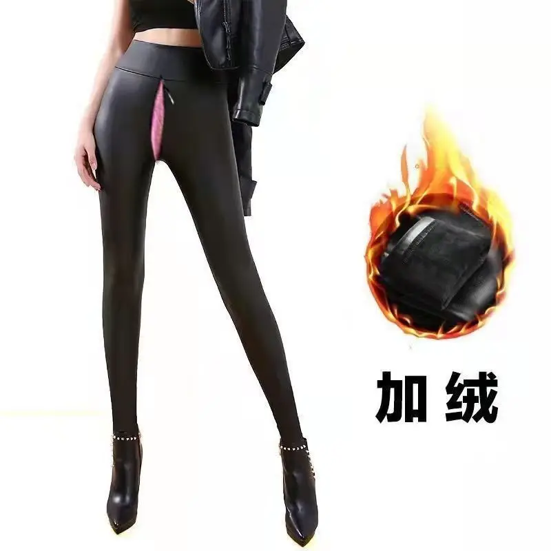 Winter Outdoors Front and Rear Open Crotch Invisible Zipper Leather Pants Fleece-Lined Thick High Waist Large Size Tight Legging