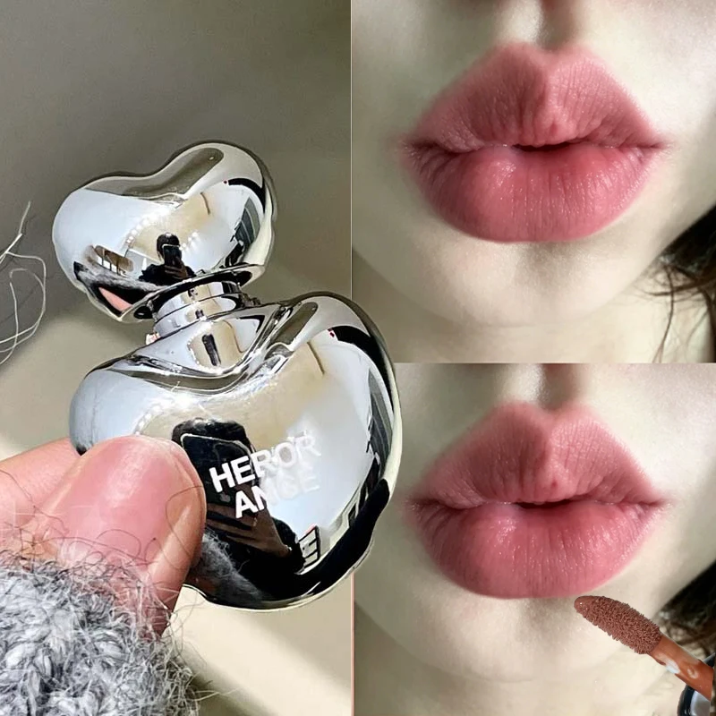 Peach Heart Shaped Lipstick Low-saturation Gray Pink Silky Matte Lip Cream Waterproof Non-Stick Cup Lip Cheek Blush Tint Makeup