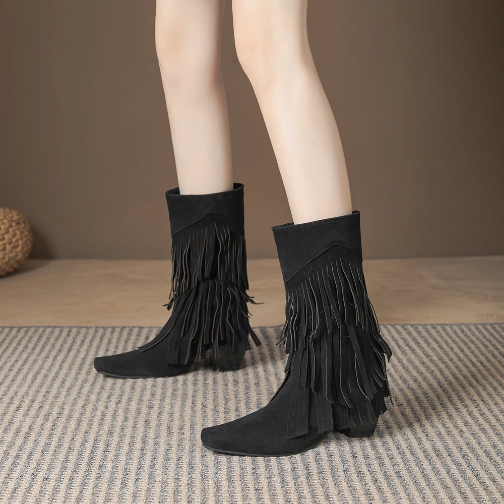 2026 Winter Fashion Khaki Women Mid Calf Boots Med Block Heels Wide Fit Lady Tassel Shoes Large Size 10 45 Non-slip