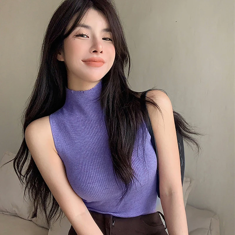 Summer Fashion Turtleneck Knitted Tank Top Women Solid Color Sleeveless Slim Camisole