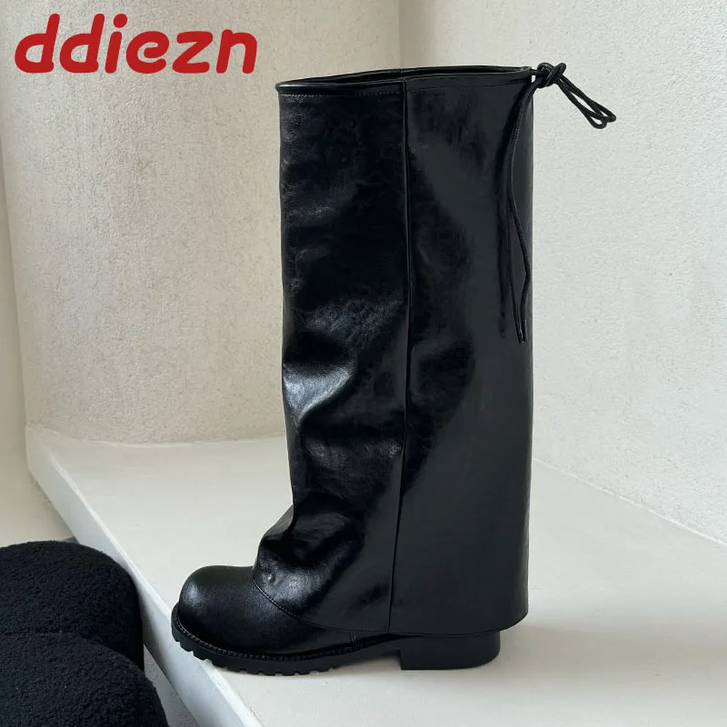 

Модные женские сапоги до колена на шнуровке, женская обувь без шнуровки, уличные женские высокие сапоги с круглым носком, увеличивающая рост