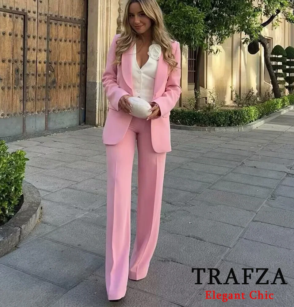 TRAFZA nuovo arrivo elegante abito da donna rosa pantaloni alla moda e Blazer a bottone singolo primavera autunno moda Blazer Suit