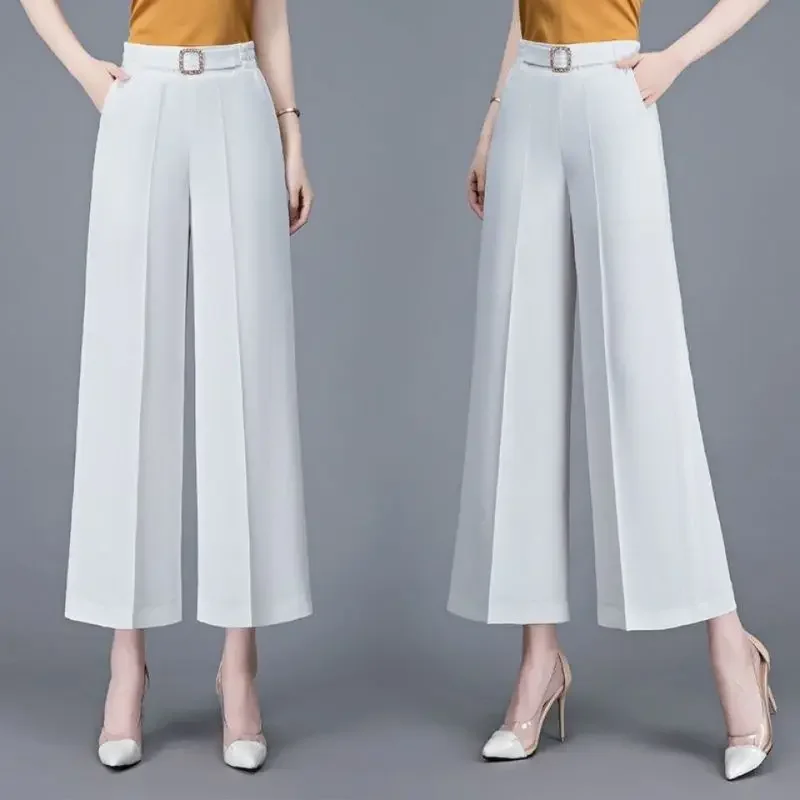 Fashion Ice Silk Wide Leg Trousers Womens Clothing Summer Thin Sagging Casual High Waist Loose Horn Vintage Cropped Pants