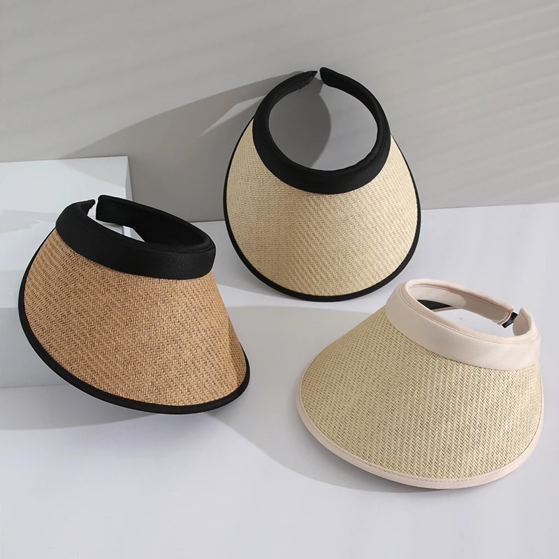 NEW Summer Woman Hand Made Straw Sun Hats Anti-UV Female Beach Visor Caps Adjustable Empty Top Hat Outdoor Sports Baseball Cap