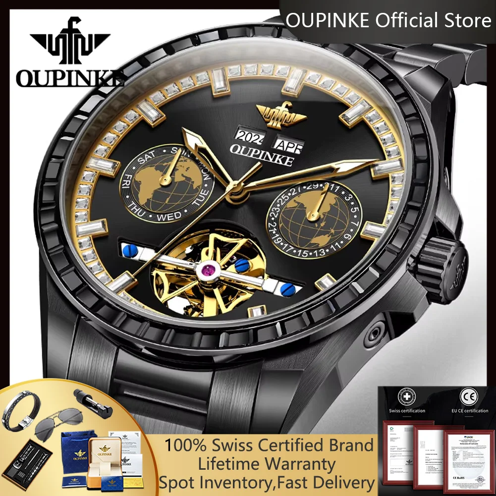 OUPINKE 3280 Luxury Men's Watches Steel Strap Diamond Inlaid Hollowed Multi Functional Automatic Mechanical Watches for Man