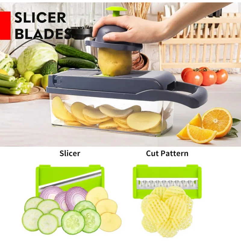multifunctional vegetable chopper with 8 blades, pro onion dicer slicer cutter, kitchen veggie food chopper with contain