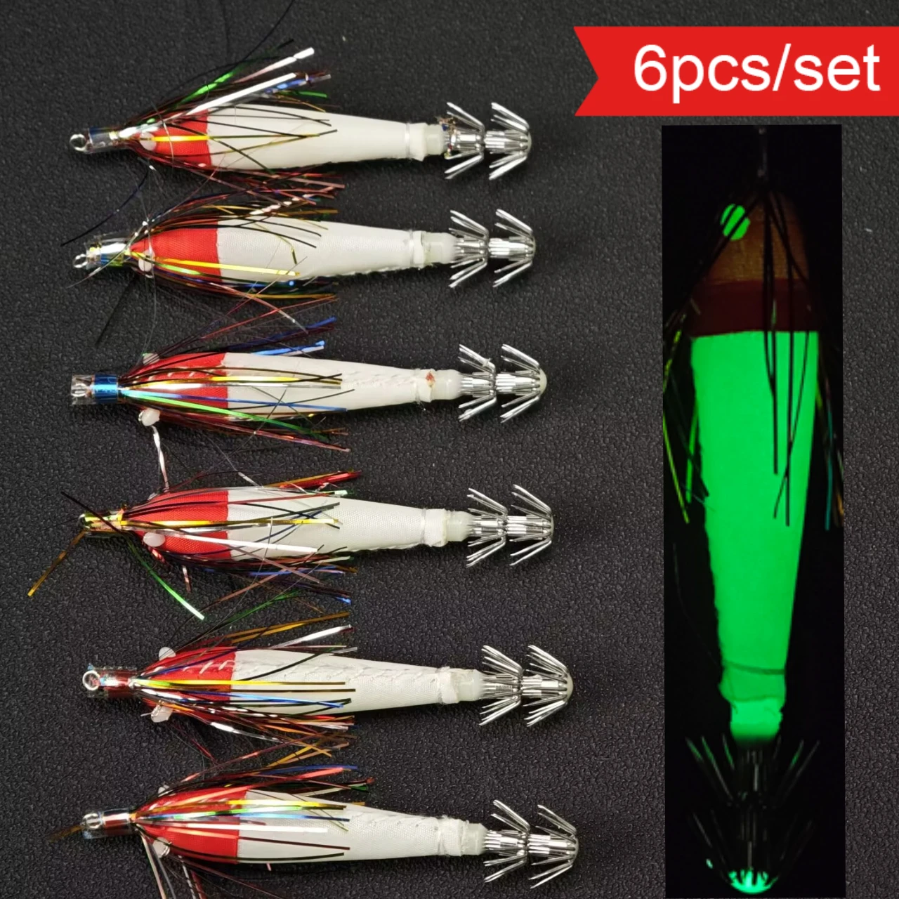 6pcs Luminous Glow Wood Shrimp Squid Jig Egi Pack Flash Tinsel Horizontal Lures Octopus Cuttlefish Sea