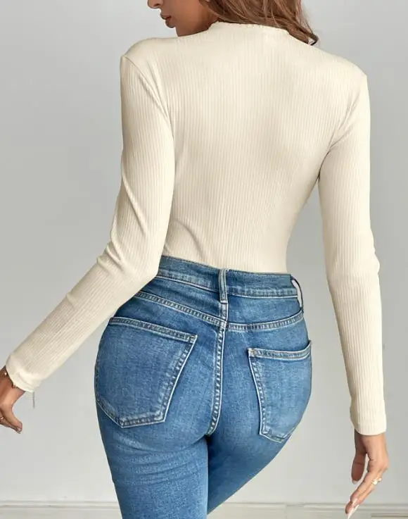 بدلة قفز ضيقة برقبة دائرية ومزخرفة بأزرار وأكمام طويلة للنساء، بذلة بسيطة ومتعددة الاستخدامات #6