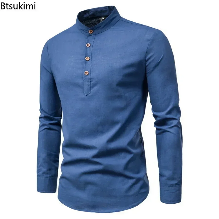 새로운 2025 남성용 비즈니스 셔츠 솔리드 슬림 공식 오피스 통기성 탑 셔츠 남성용 코튼 린넨 긴 소매 셔츠 남성 M-5XL