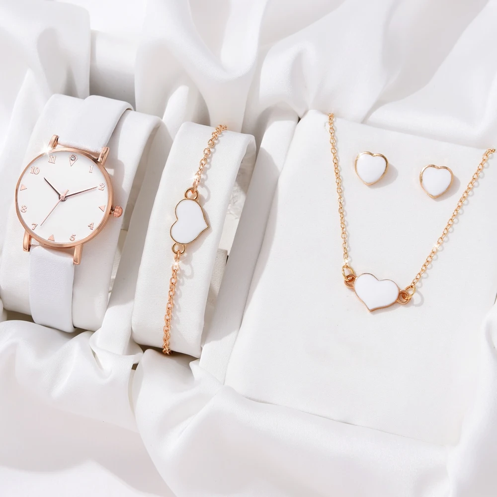 4 PCS Fashion Watch Set Women Necklace Earrings Bracelet Set Watches WristWatch White Leather Strap Ladies Quartz Watch