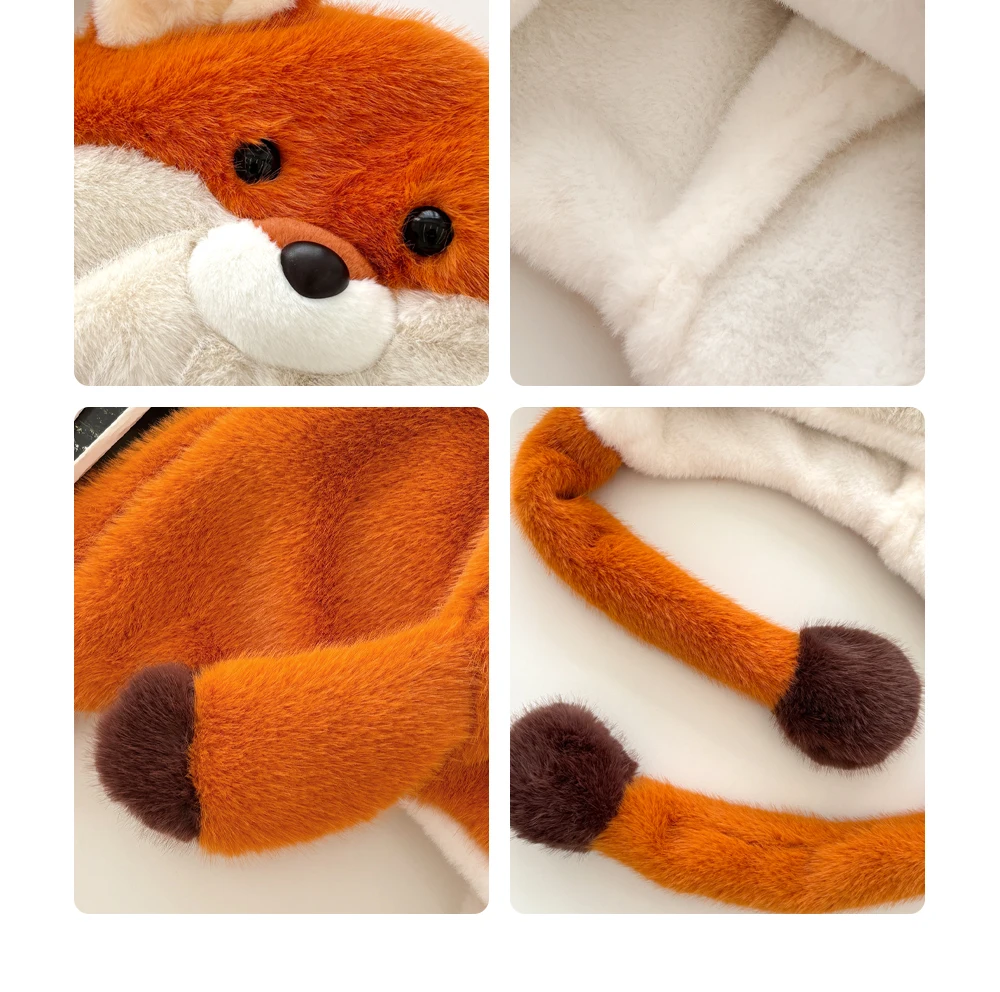 2025年新作 可動耳付きキュートなキツネぬいぐるみボンバーハット レディース 秋冬 厚手 暖かい耳当て付き 防寒プルオーバーキャップ