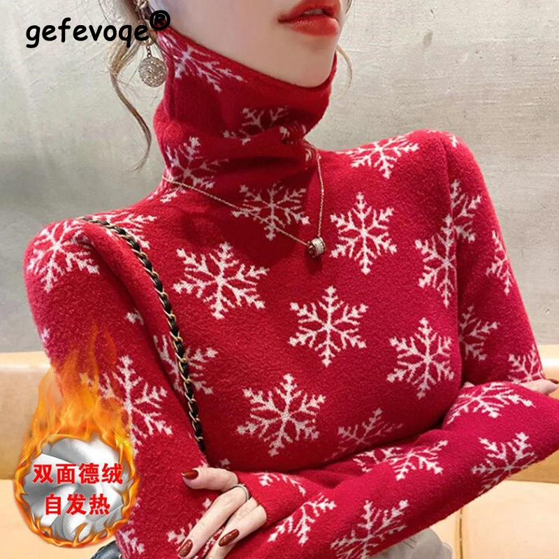 Women\'s Christmas New Year Red Plaid Turtleneck Long Sleeve Slim Basic T-shirts Winter Casual Thick Pullover Top Female Clothing