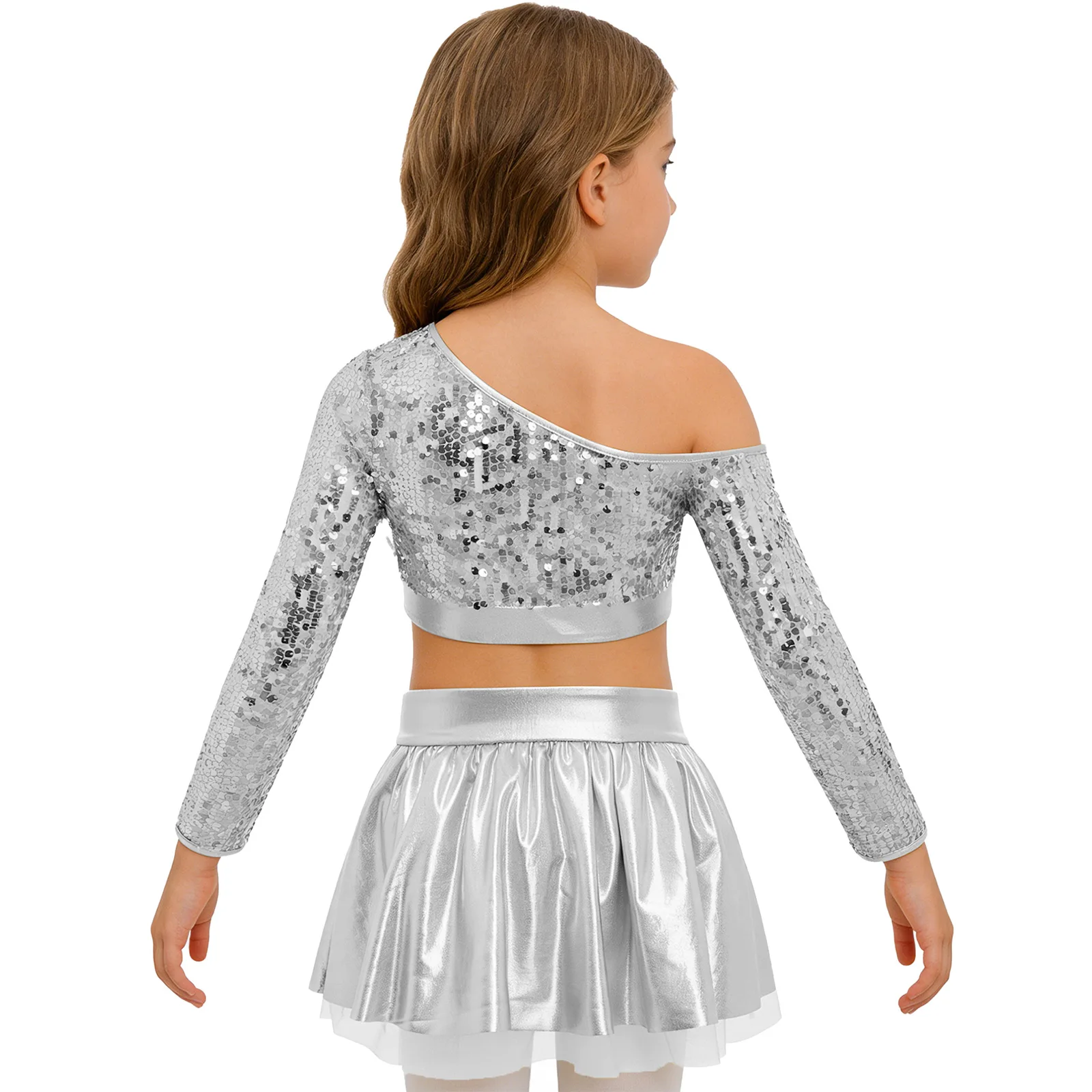 Children Girls Hip Hop Jazz Dance Clothes Sequins Crop Tops Metallic Mesh Tutu Skirt Cheerleading Stage Performance Costume