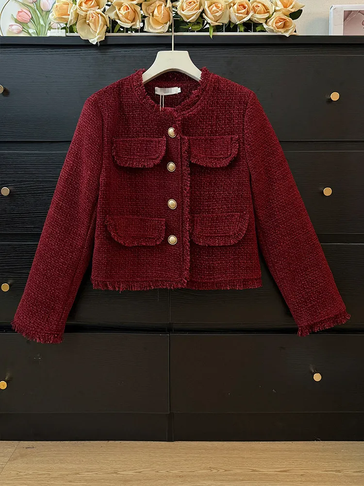 Solid color tweed fringe short style jacket women in spring design sense light luxury loose round neck long sleeved coat view 2