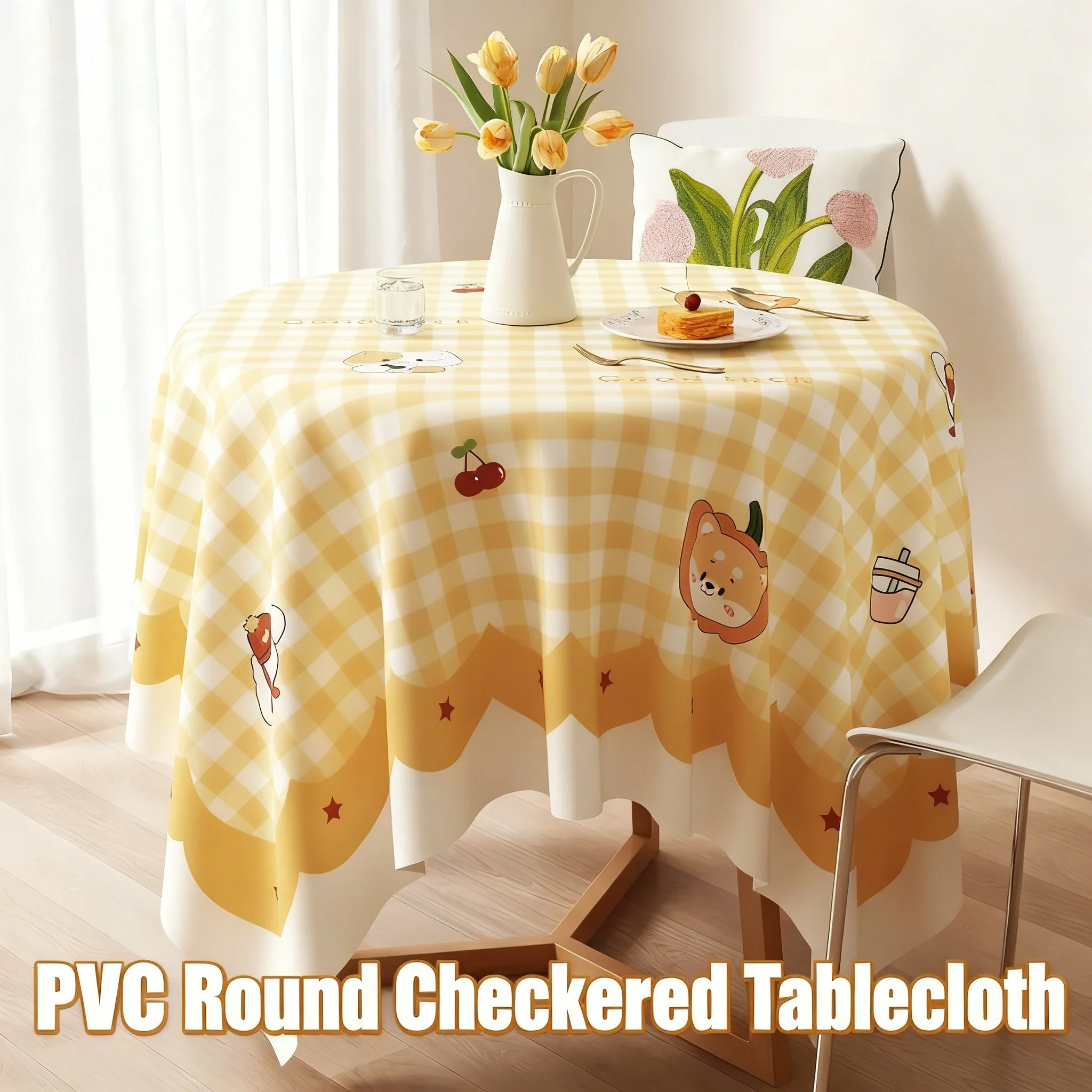 

Waterproof Oilproof Tablecloth, Vintage Plaid Round Table Cover, No-Wash Fabric for Dining Table, Cafe Aesthetic Table Linen