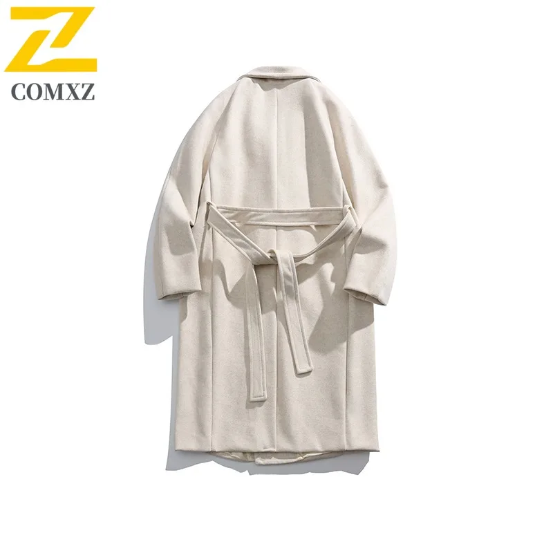 COMXZ 2025 Men Wool Blend Mid-Length Jacket Autumn Winter Waterproof Windproof Solid Color Outerwear Street Style Tactics Coat