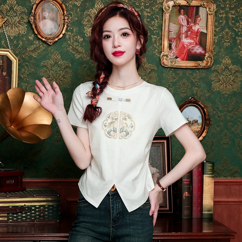 

Summer Short Sleeve O-Neck Women T Shirt Chinese Style Embroidery White T-Shirt Women Tops Blusas Mujer De Moda 2024 Verano A103