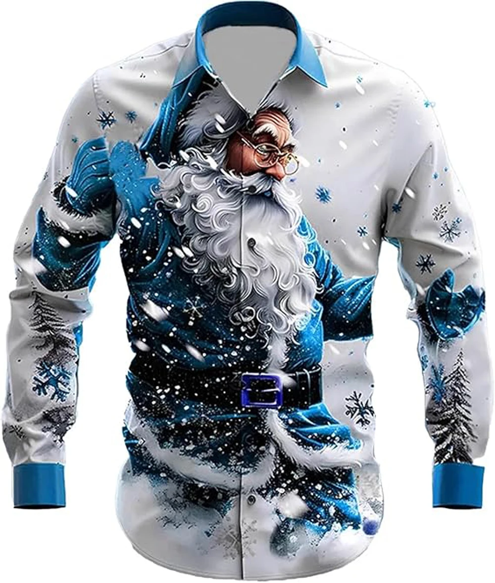 

Men Christmas Tree Ornaments Festive Printed Shirt Long Sleeve Lapel Soft Fabric Hawaiian Outdoor Shirt Men Gift Luxury Clothes