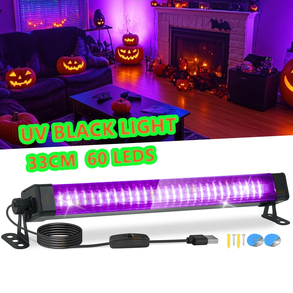 60 LEDs UV Blacklight 33cm Flood Light,5V USB Plug 100cm Cord for Glow Party Halloween Bedroom Fluorescent Decor Body Paint