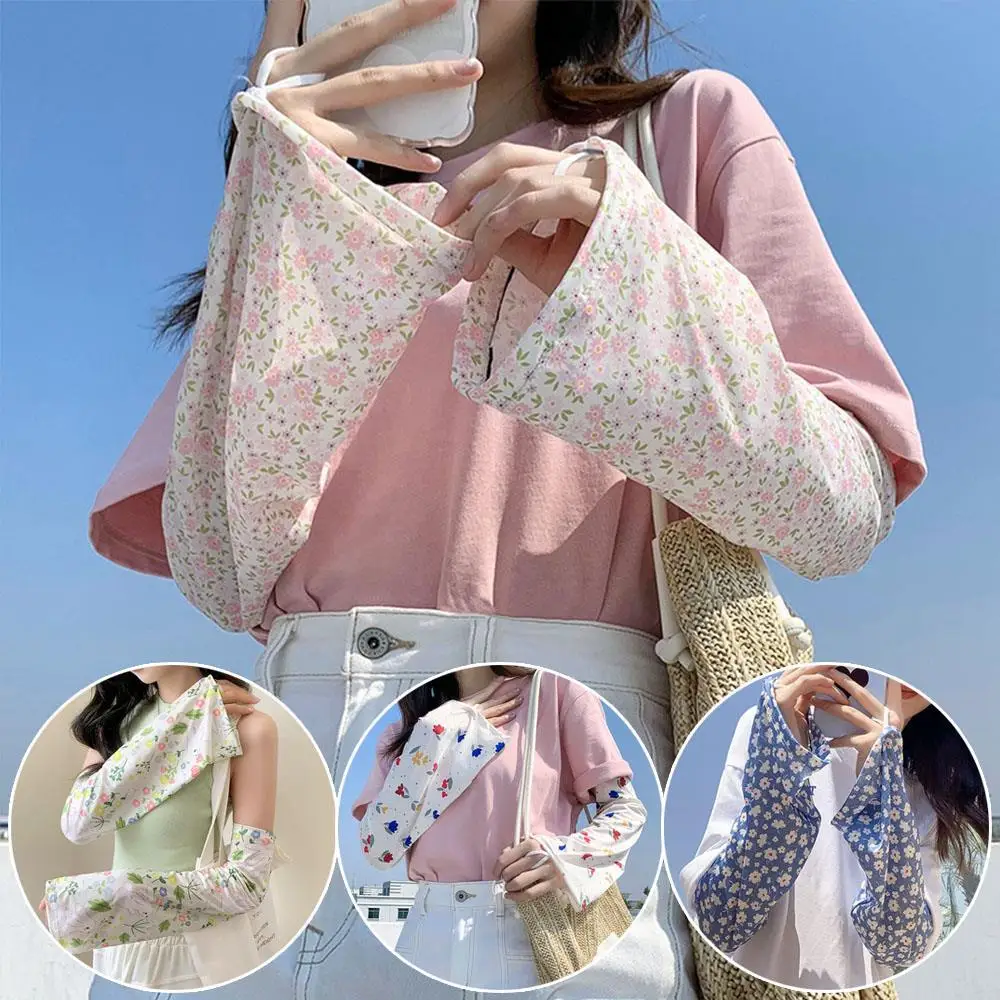Flower Print Anti-sunburn Sleeve Summer Ice silk Arm Sleeves Outdoor Driving Cycling Sun Protection Long Sleeve Adjustable Cuff