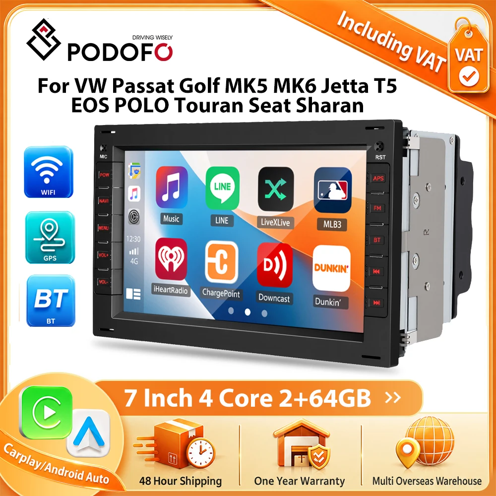 Podofo 2Din Autoradio sans fil Carplay Android Auto GPS, lecteur de musique pour voiture avec écran tactile capacitif de 7 pouces, Bluetooth, GPS, récepteur radio FM pour VW BORA, Peugeot, Skoda