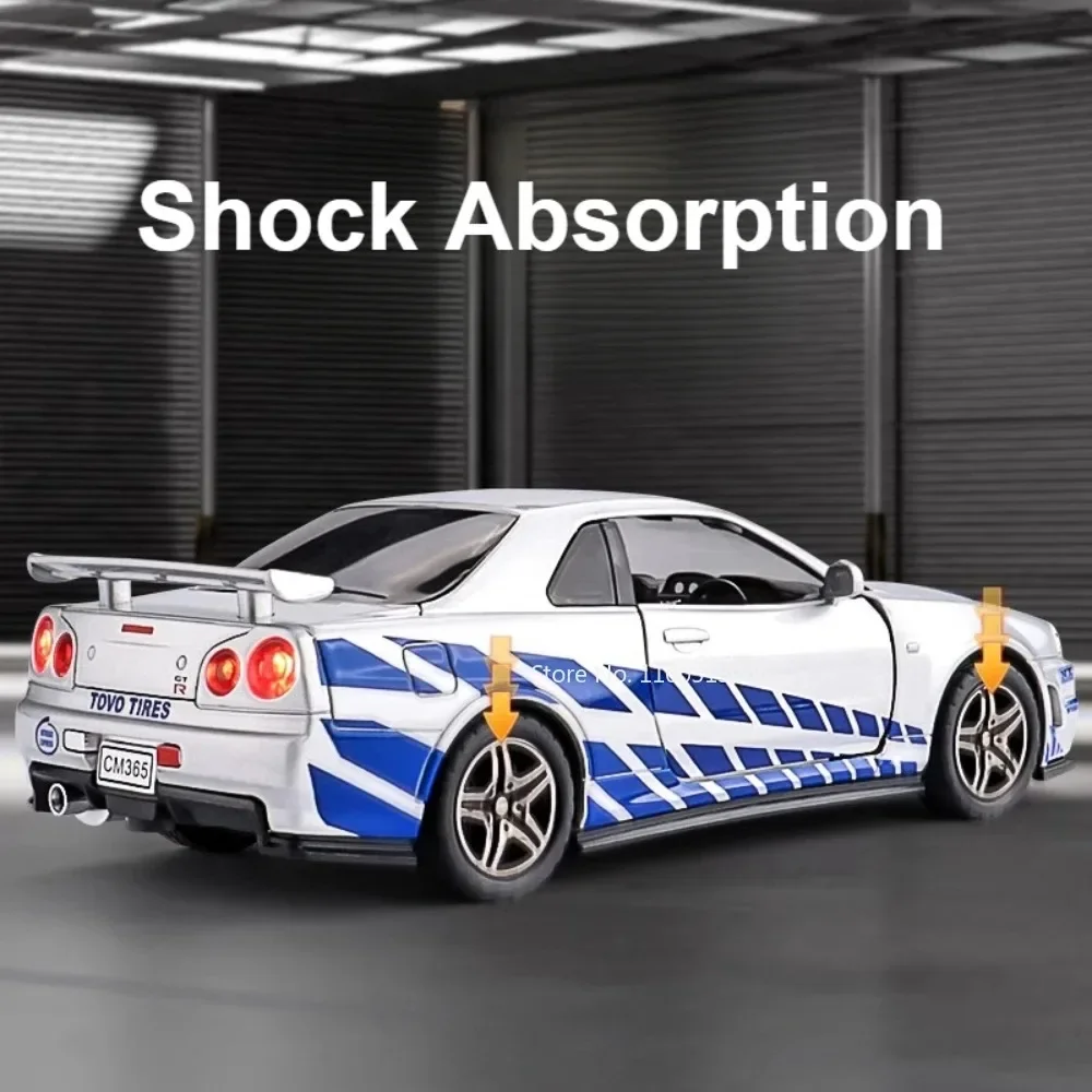 1:32 GTR R34 SKYLINE Model Toy Sports Cars Alloy Diecast Supercars Sound Light Doors Opened Pull Back for Boys Educational Toys