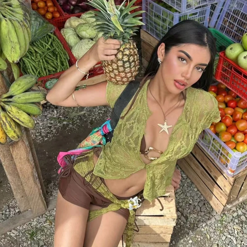 

Tsiisd Summer Beach Sheer Cardigan Top For Women Hollow-out Sexy Y2K Holiday Resort Streetwear Fashion Female Knitwear Tee 2026