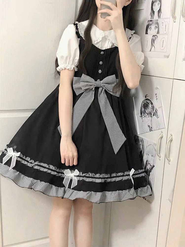 2025年夏新作セール　可愛いカレッジ風ブルーショートボウウエストマークキャミワンピース　白黒長袖シャツ