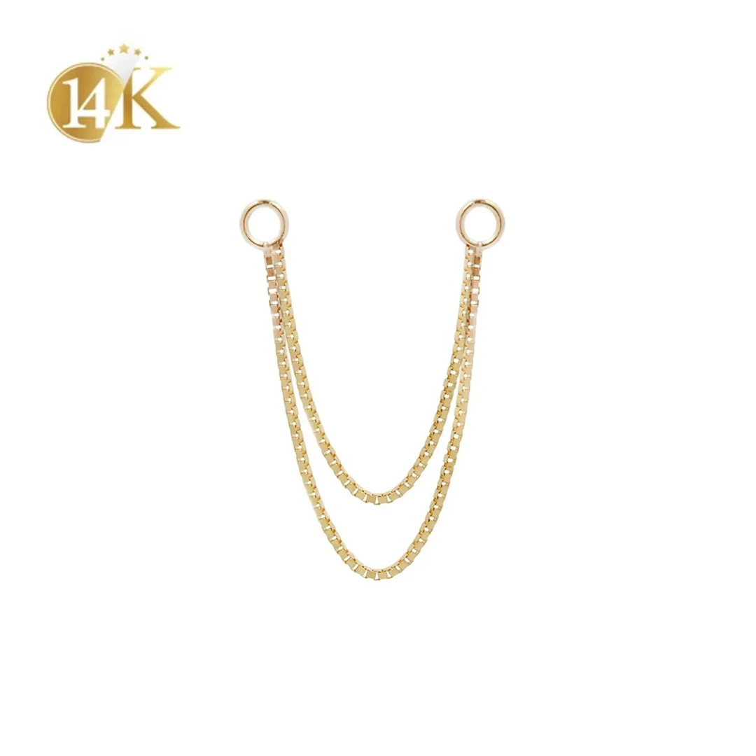 

14k Solid Gold Nostrial Nipple Double Box Chain Piercing Stud Earrings Cartilage Connectors Charms